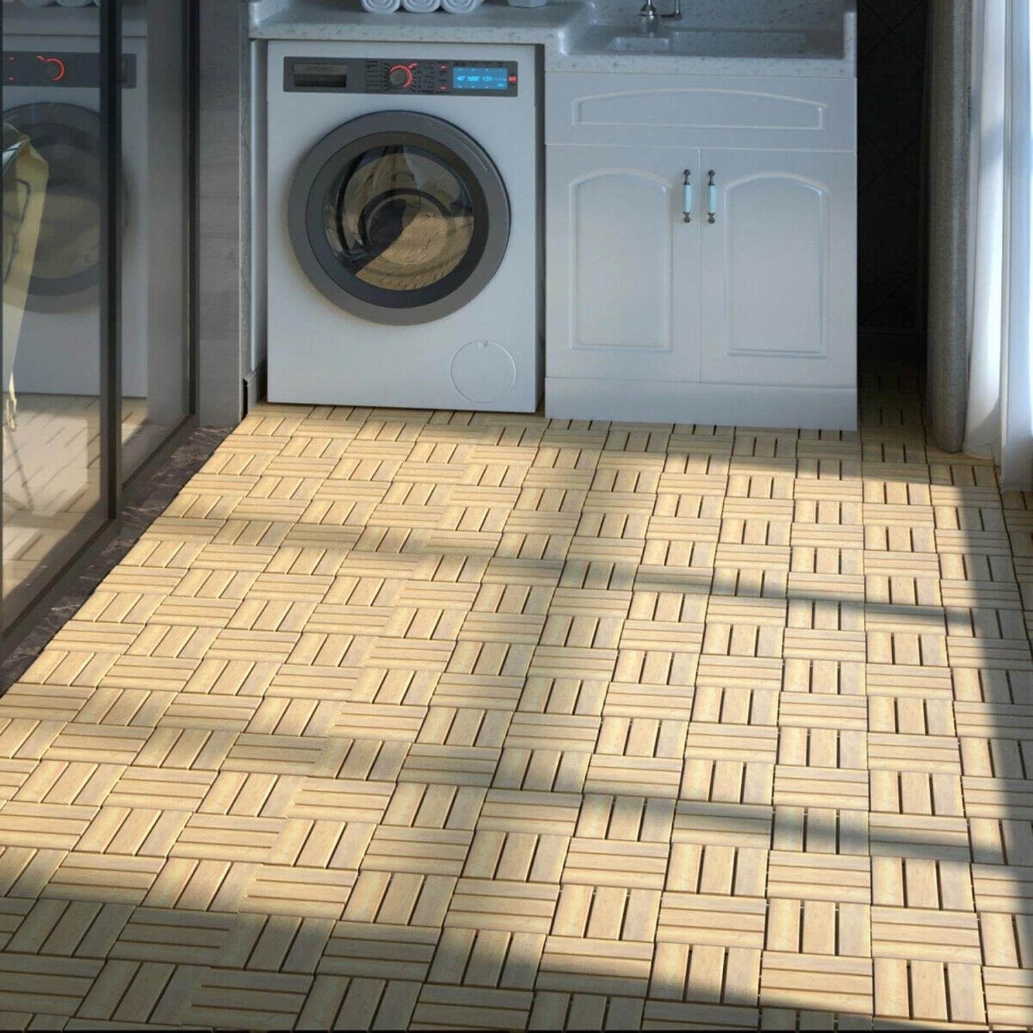 Gymax 10PCS 12'' X 12'' Acacia Wood Deck Tiles Interlocking Patio Pavers Check Pattern - Image 4