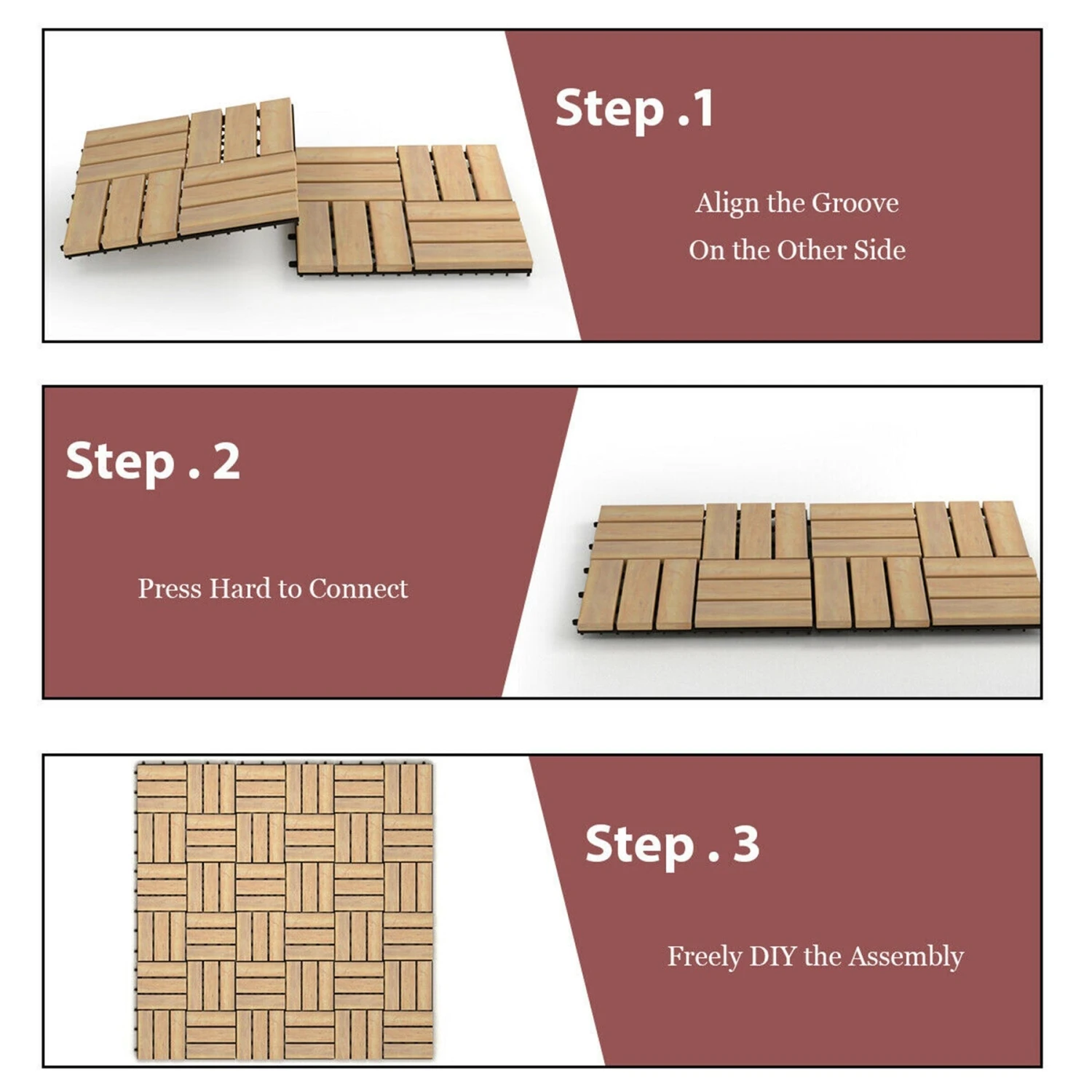 Gymax 10PCS 12'' X 12'' Acacia Wood Deck Tiles Interlocking Patio Pavers Check Pattern - Image 9